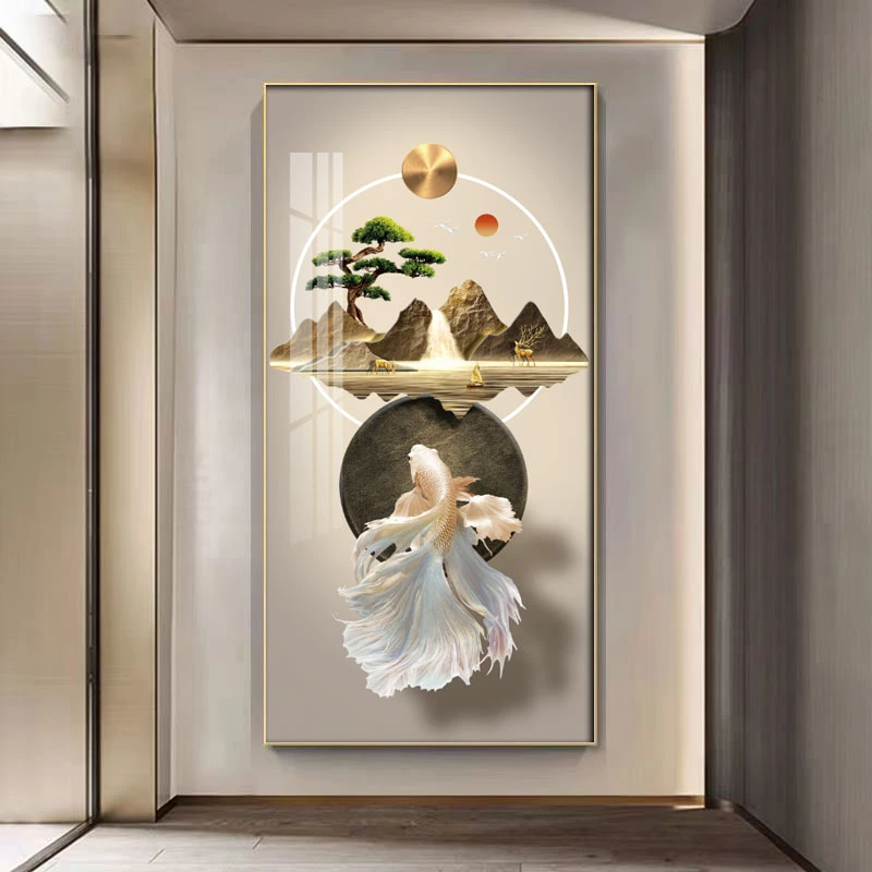 新中式靠山迎客松玄关走廊客厅装饰画立体高档玄关高端晶瓷画