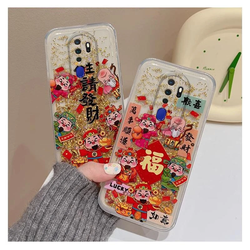 oppoa11x新年流沙金箔公主请发财财神手情侣新款软女款创意个性手