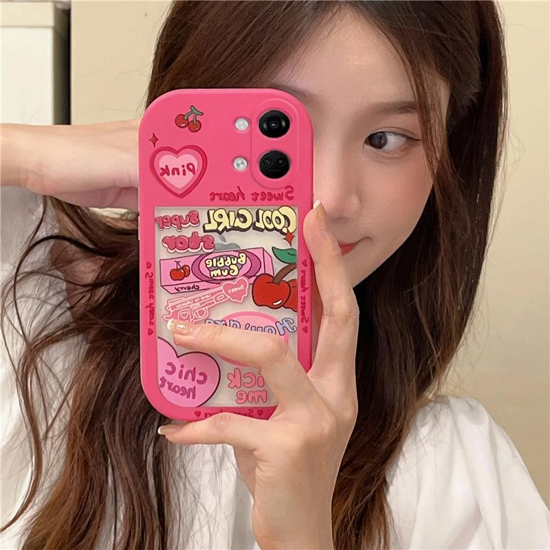 一加ace2v手机壳网红潮牌日韩ins少女粉色爱心樱桃透明全包防摔磨