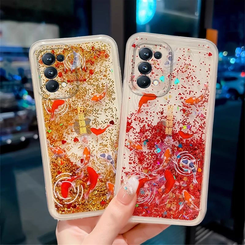 opporeno5pro5g国潮中国风好运锦鲤流沙手机壳金色新年红色闪粉保