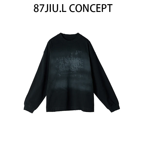 JIU.L 【原样开发】重磅水洗色做旧巴家喷色印花长袖卫衣T YZCX662