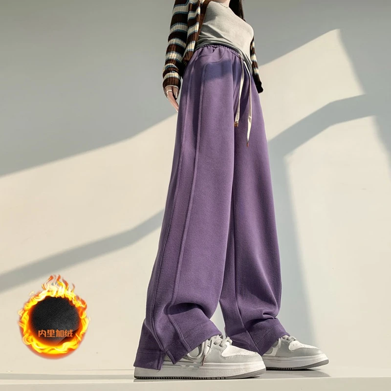 大码加绒侧开叉阔腿裤胖mm女2024秋冬新款高腰垂感加厚休闲裤