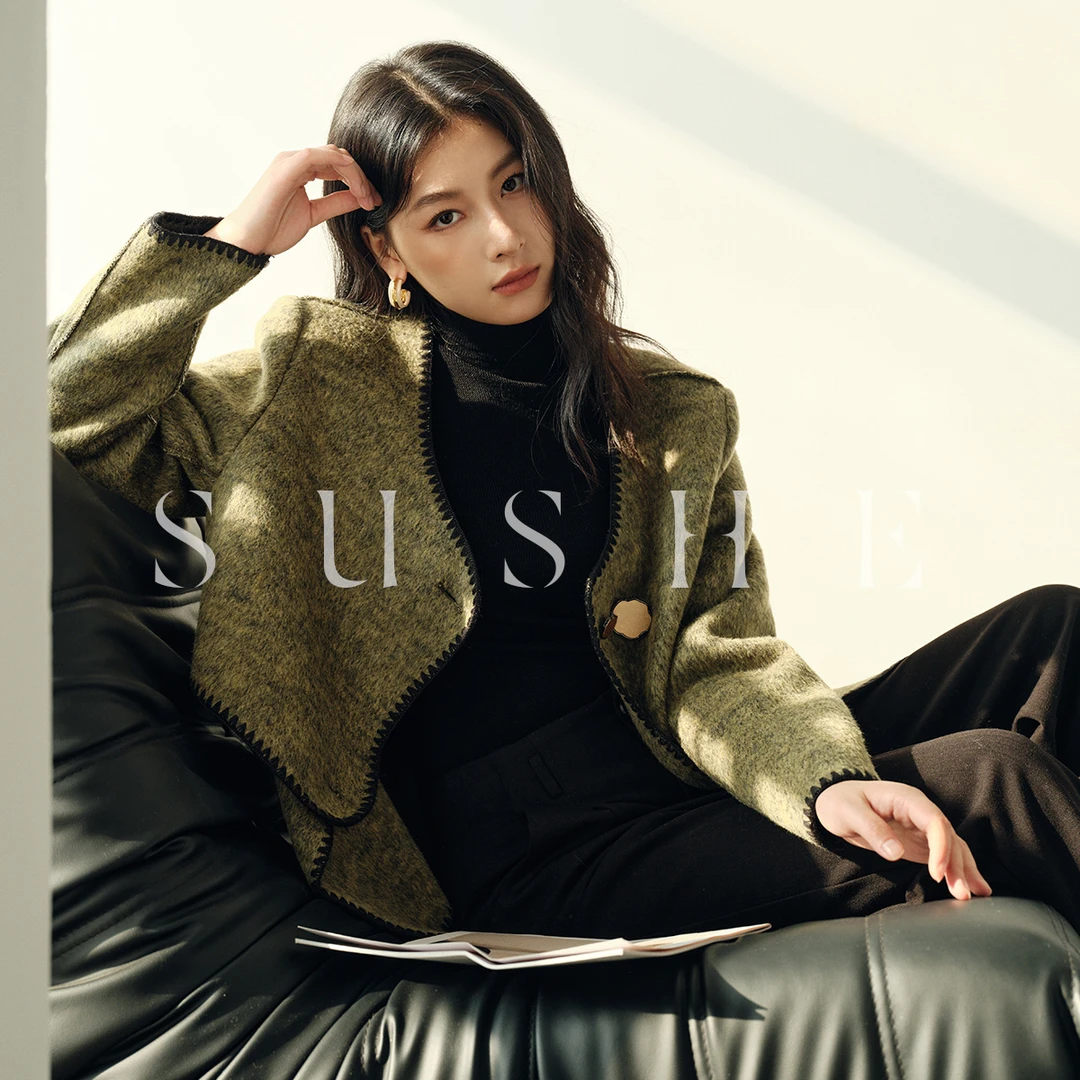 束皙SUSHE解构主义小众设计双门襟围巾羊毛热力感撞色冬季外套女