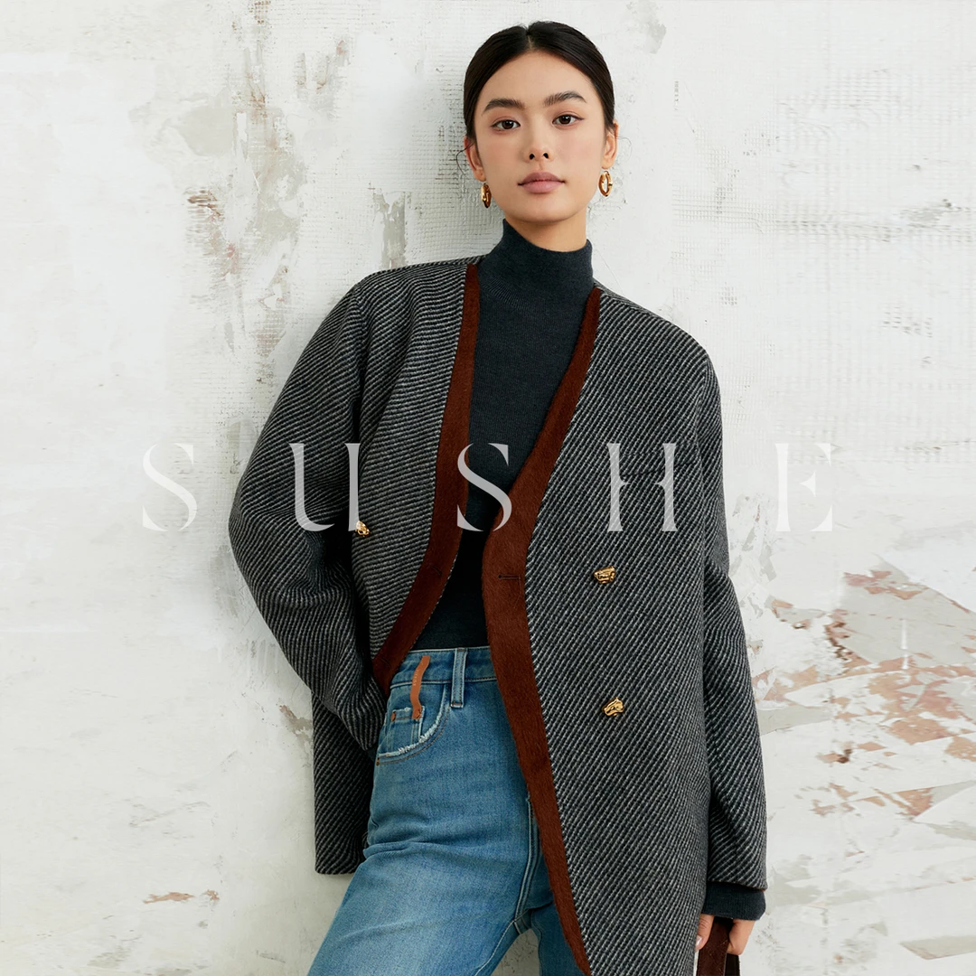 束皙/SUSHE 复古撞色斜纹手工双面毛呢外套精英感无领羊毛西装女