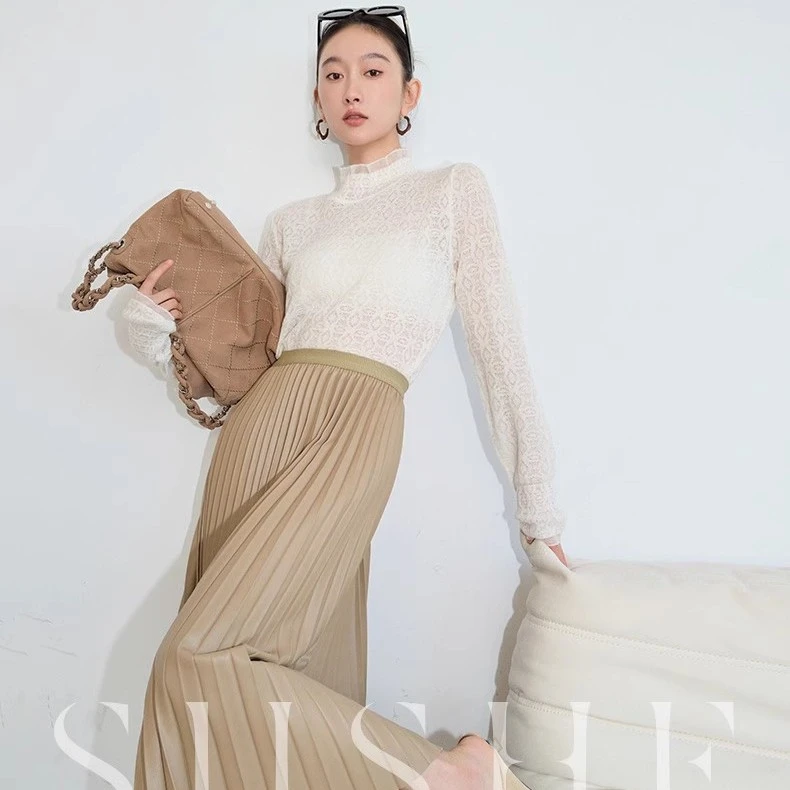 束皙SUSHE法式复古春日绞花镂空百搭蕾丝立领热力感针织打底衫