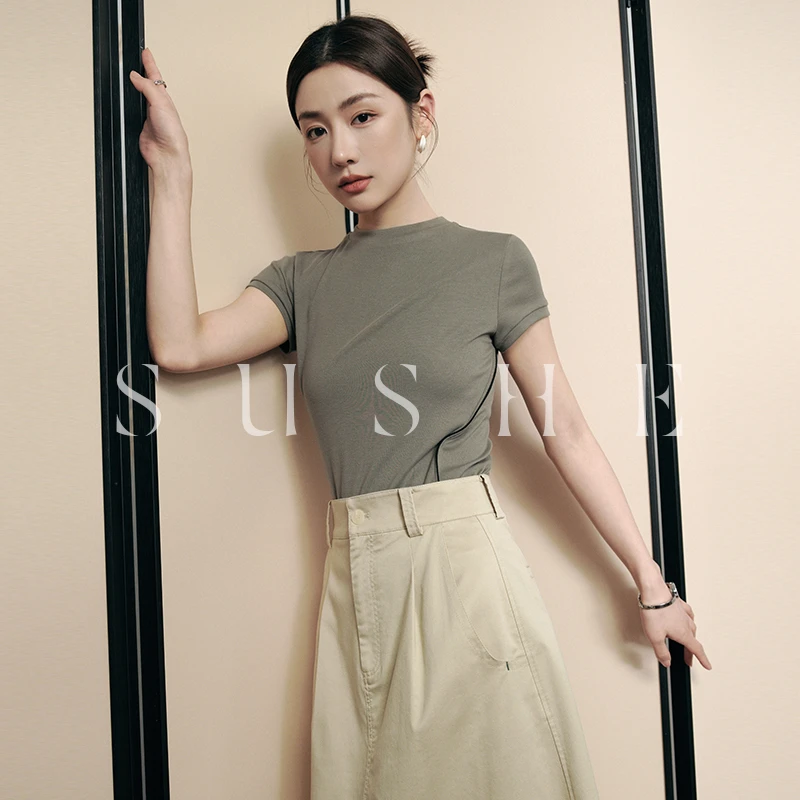 束皙/SUSHE 自由解构修身弹力亲肤不规则上衣夏短袖T恤女2023新款