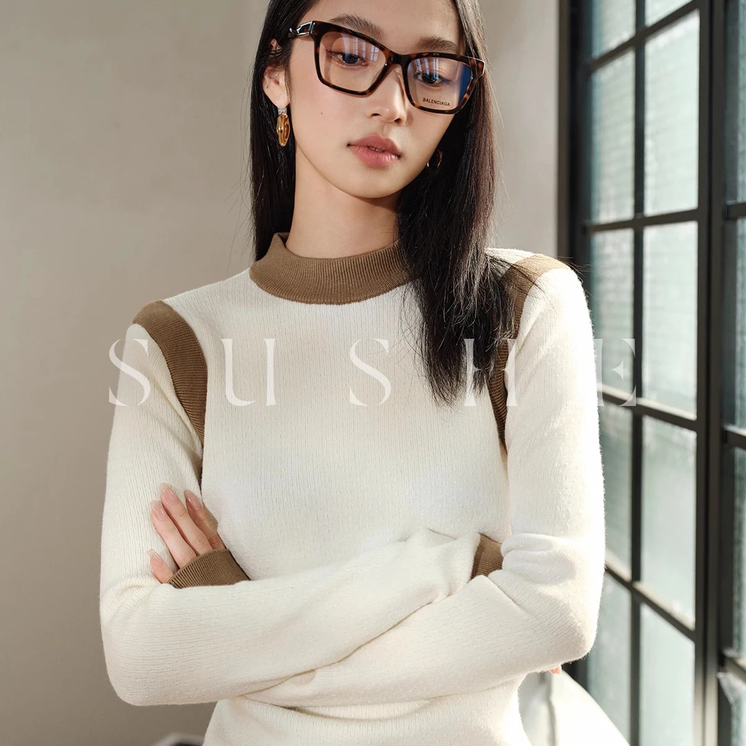 束皙/SUSHE 简约趣味时尚撞色小高领打底衫修身百搭针织上衣女秋
