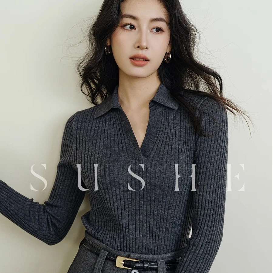 束皙/SUSHE 德国扬子超细120S羊毛休闲修身纯色女长袖针织上衣秋