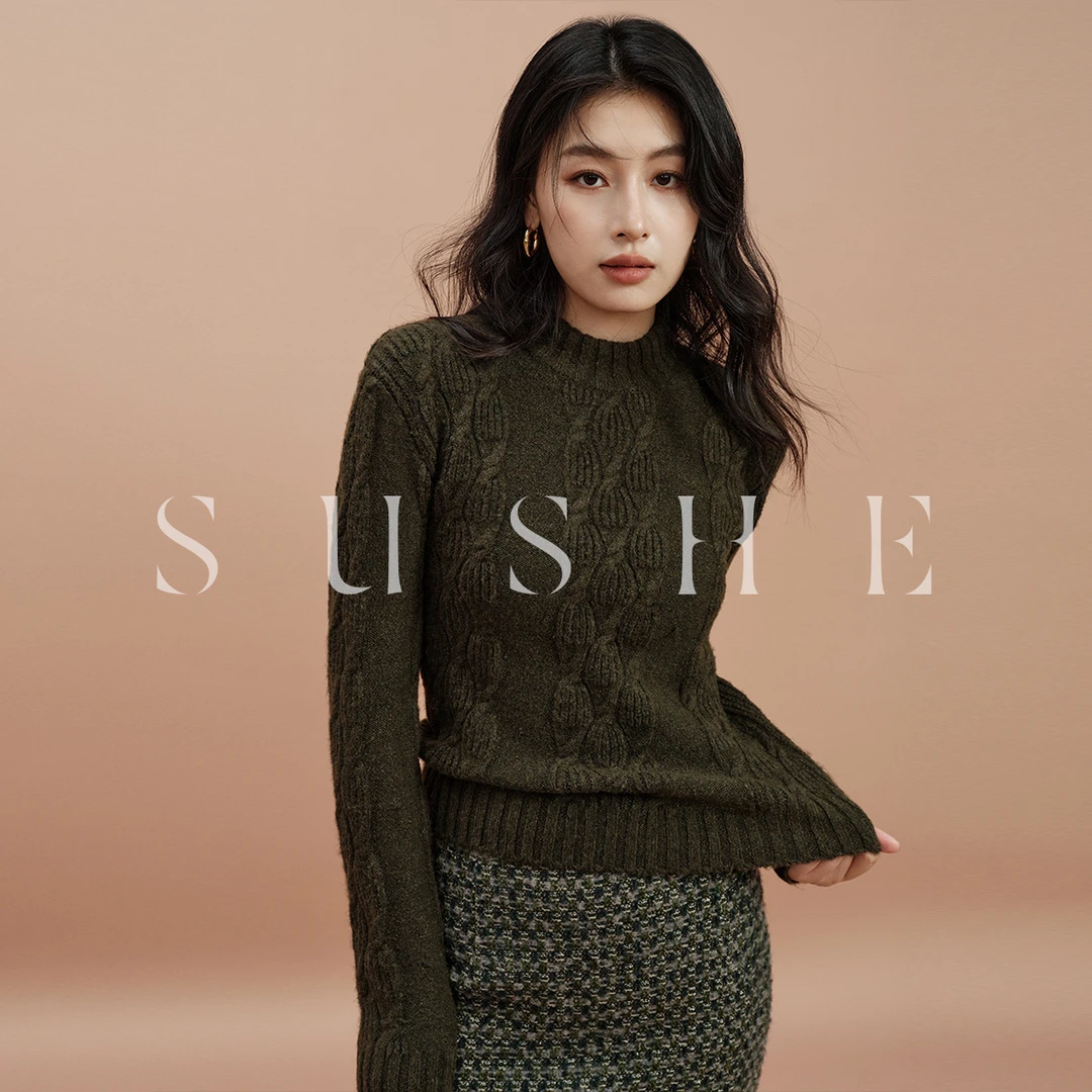 束皙/SUSHE 复古扭花纹编织感罗纹高领环保纱线热力感 针织毛衣春