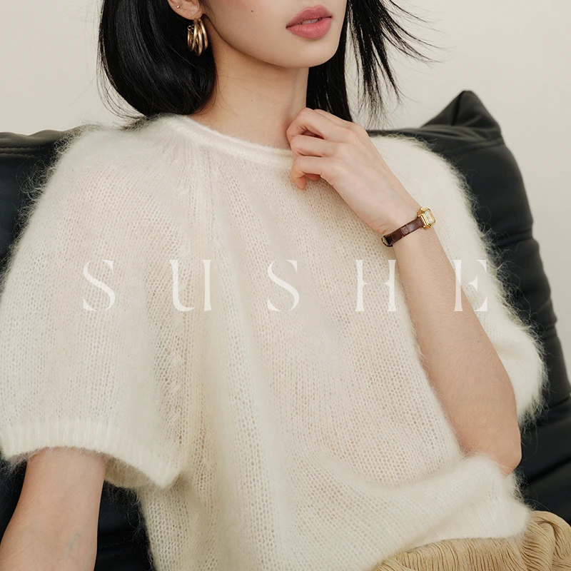 束皙/SUSHE 奢牌同源马海毛纯色弹力女针织套头短袖毛衣夏秋季