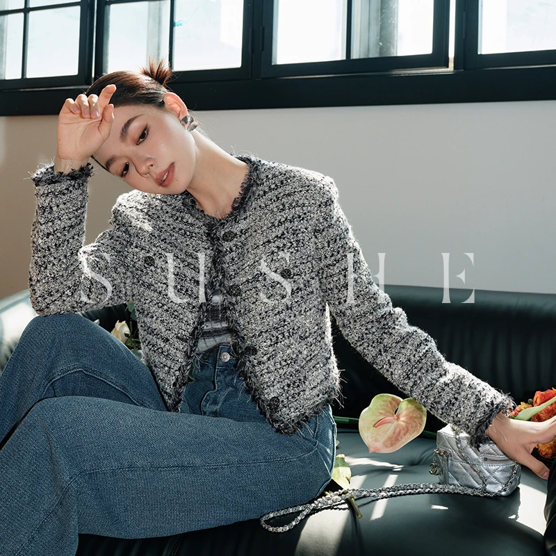 束皙/SUSHE石彩手工编织花边经典香风短外套女秋