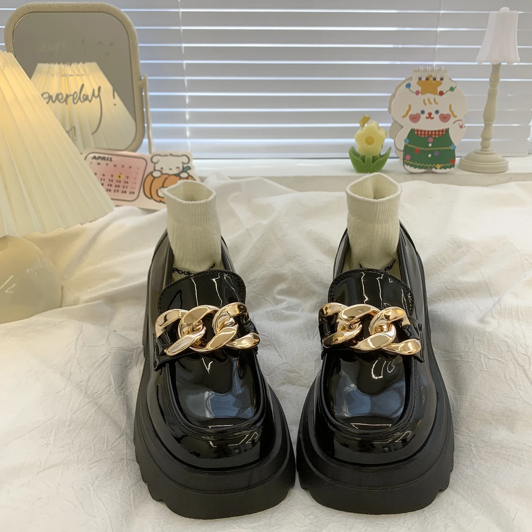 黑色厚底矮子乐小皮鞋女2023春季新款复古英伦风时尚粗高跟乐福鞋