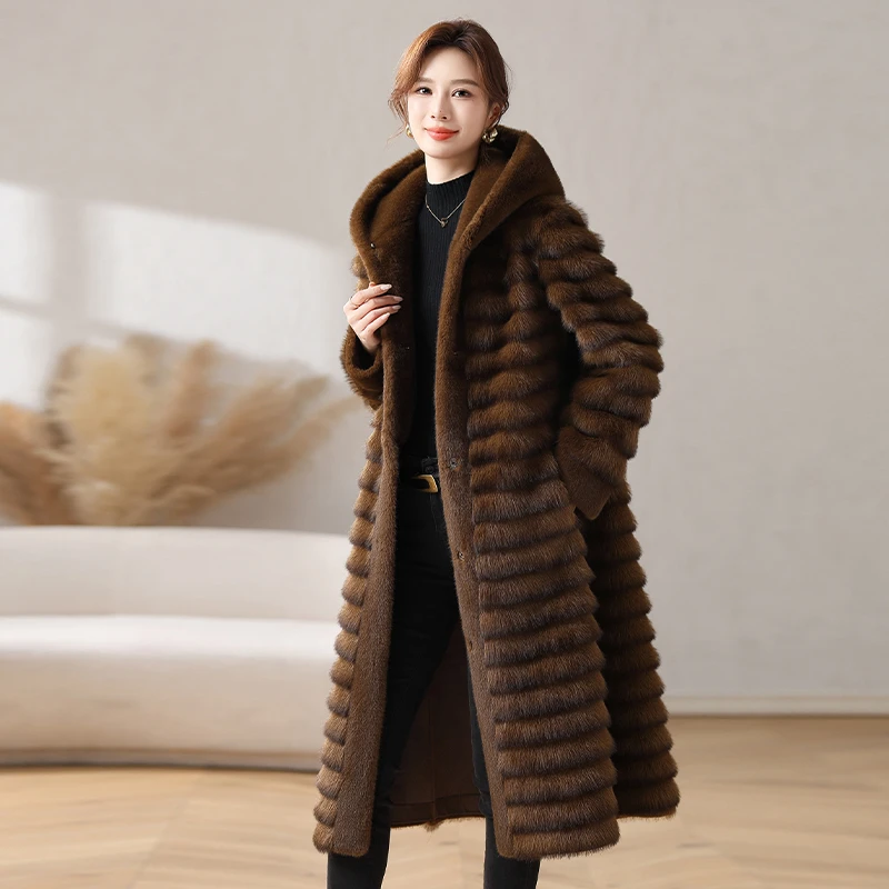 冬季皮毛一体轻奢高定连帽层次时尚保暖毛毛草草长款外套