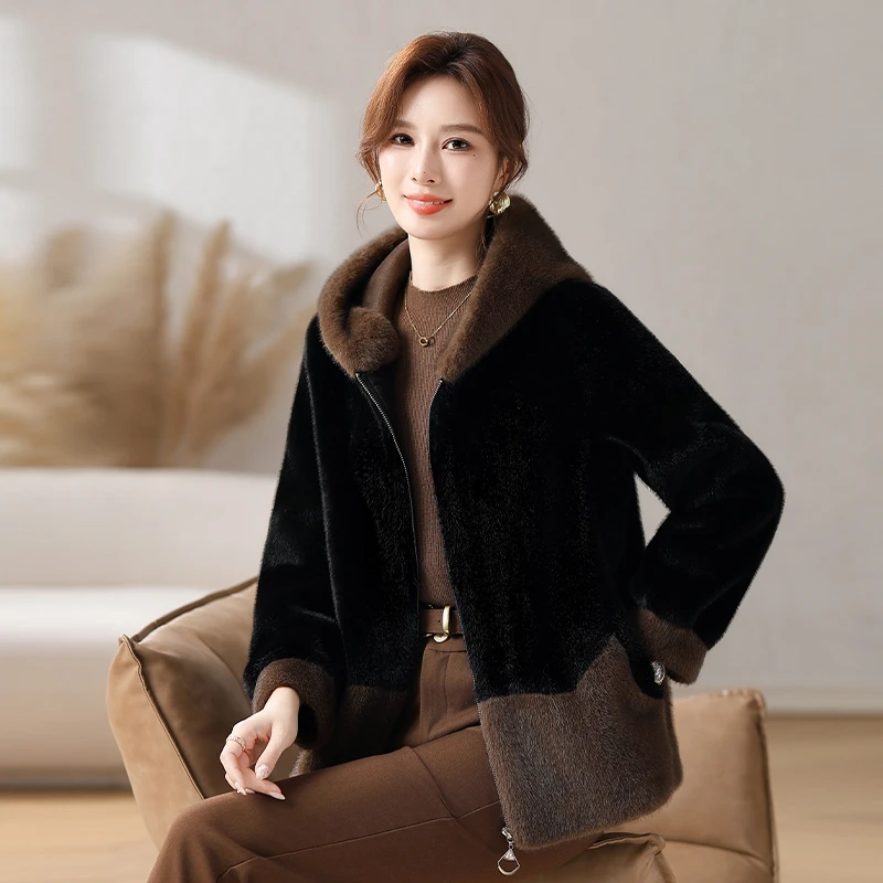 冬季皮毛一体轻奢连帽拼色皮扣洋气气质时尚百搭秋冬外套女