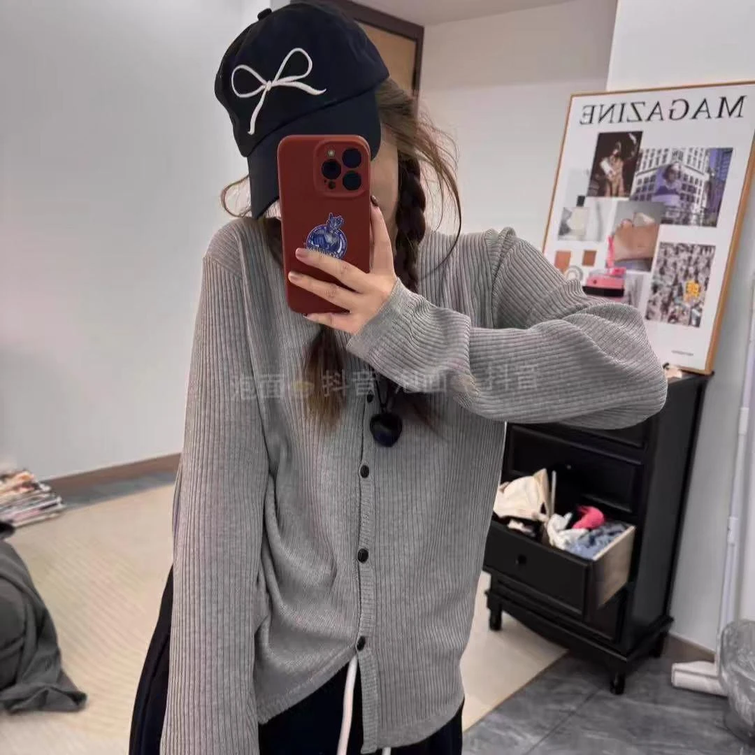 2024春夏新款针织复古肌理纹花灰色开衫女短款长袖薄款打底衫