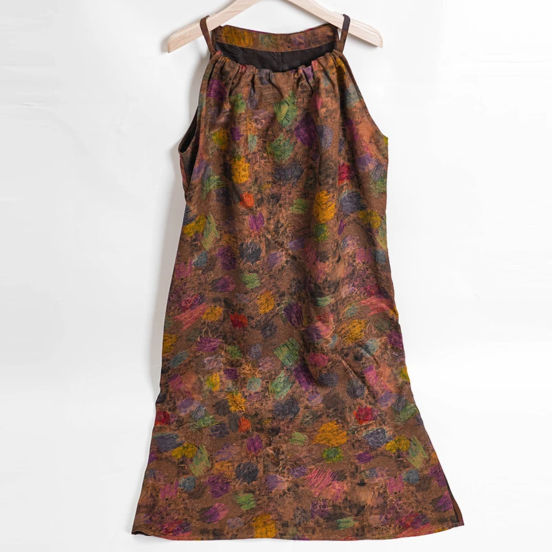 吊带裙【彩绘画笔】香云纱花萝桑蚕丝气质时尚夏季复古中式连衣裙