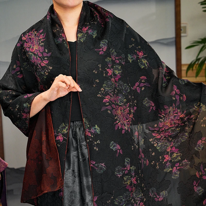 剪花【花占春】长巾香云纱围巾真丝桑蚕丝披肩复古夏季百搭时尚中式