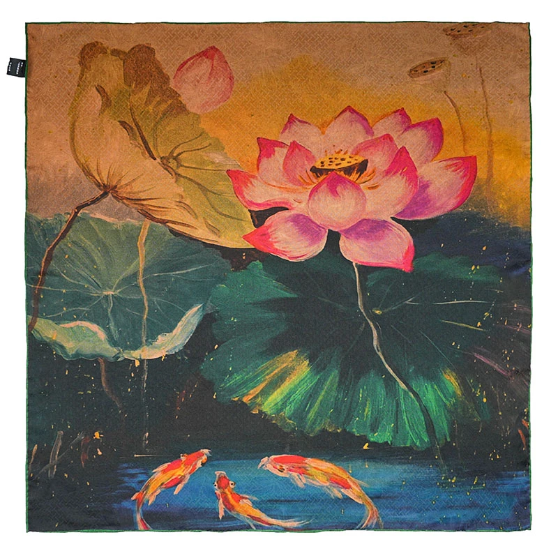 绞罗【荷叶锦鲤】65*65系列香云纱桑蚕丝丝巾气质高级感围巾国风