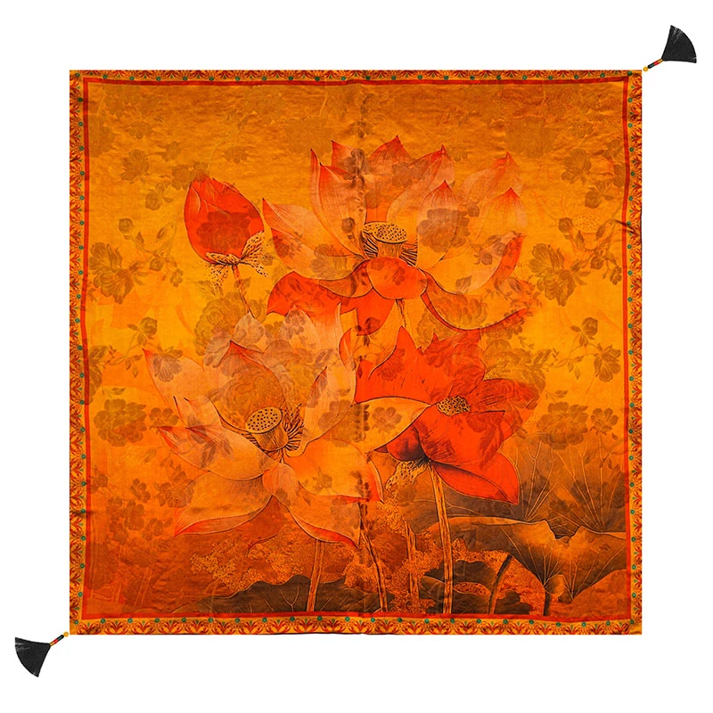 重锻48姆米【红莲细香】106*106香云纱过泥老料桑蚕丝披肩丝巾围巾