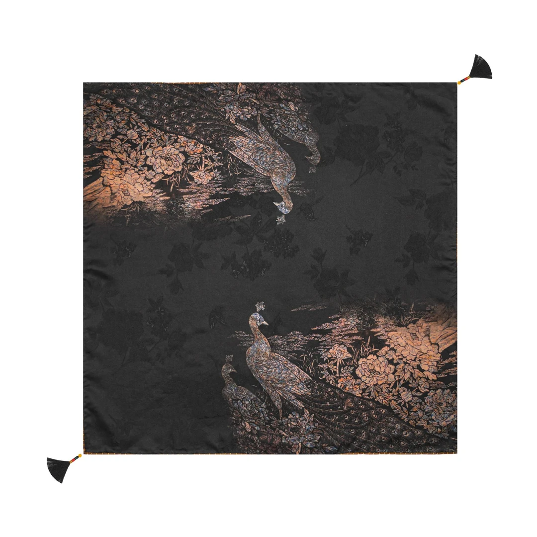 掐丝重锻【孔翠锦羽】106*106香云纱老料桑蚕丝披肩丝巾围巾女士