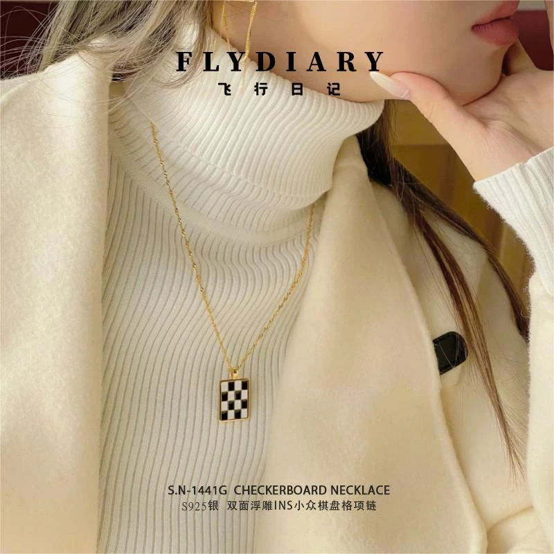 坠链均925银 双面浮雕ins小众棋盘格项链轻奢 S.N-1441G时尚百搭