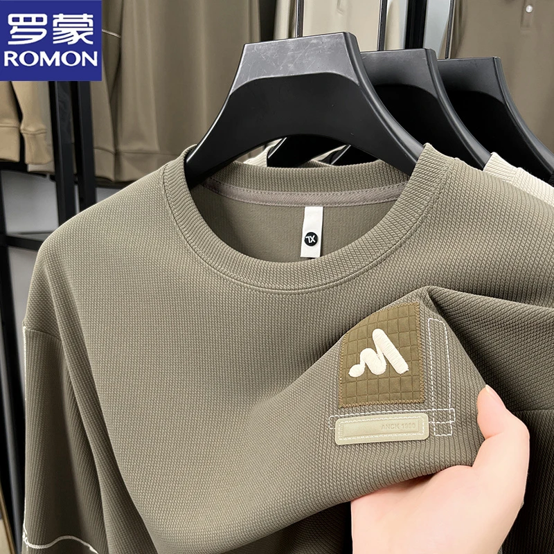 罗蒙春秋季新款男士圆领卫衣时尚潮流休闲宽松纯色百搭华夫格上衣