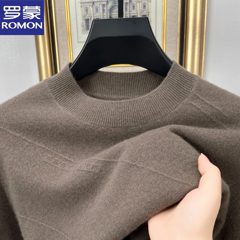 罗蒙轻奢羊毛绒针织衫男士亲肤保暖毛衣秋冬季纯色半高领打底衫男