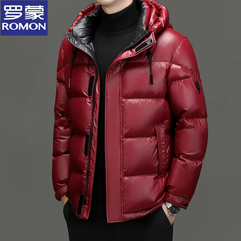罗蒙男士短款白鸭绒羽绒服新款冬季加厚保暖上衣中年连帽男装外套