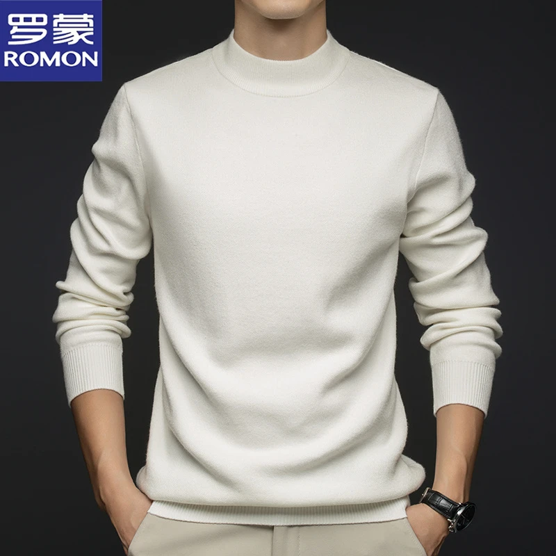 罗蒙含绵羊毛男士毛衣秋冬季新款半高领宽松保暖中青年纯色针织衫
