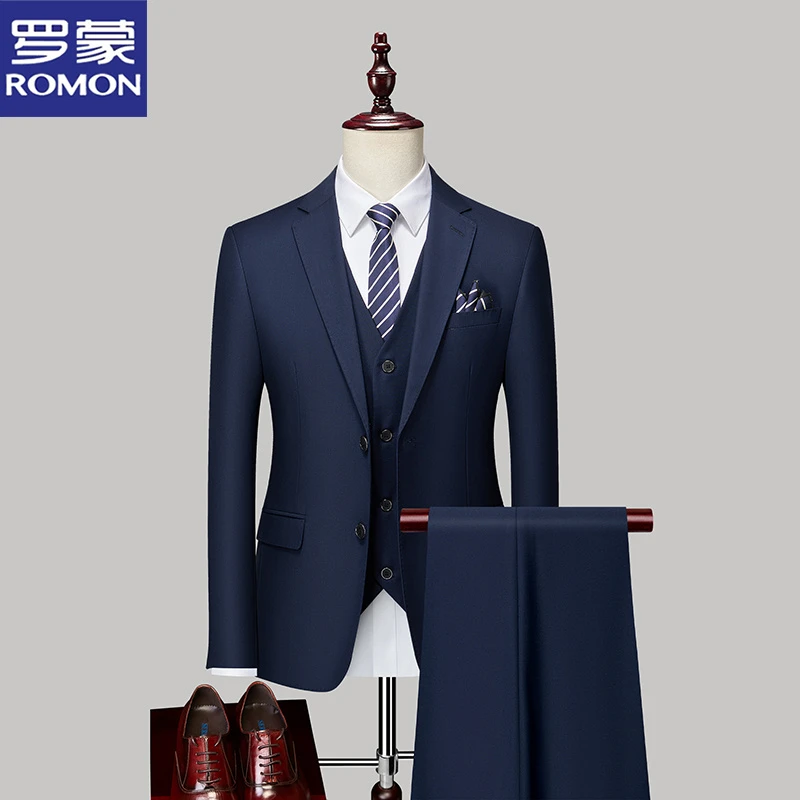 罗蒙 男士商务休闲西服套装春秋季职业百搭纯色西装三件套中青年