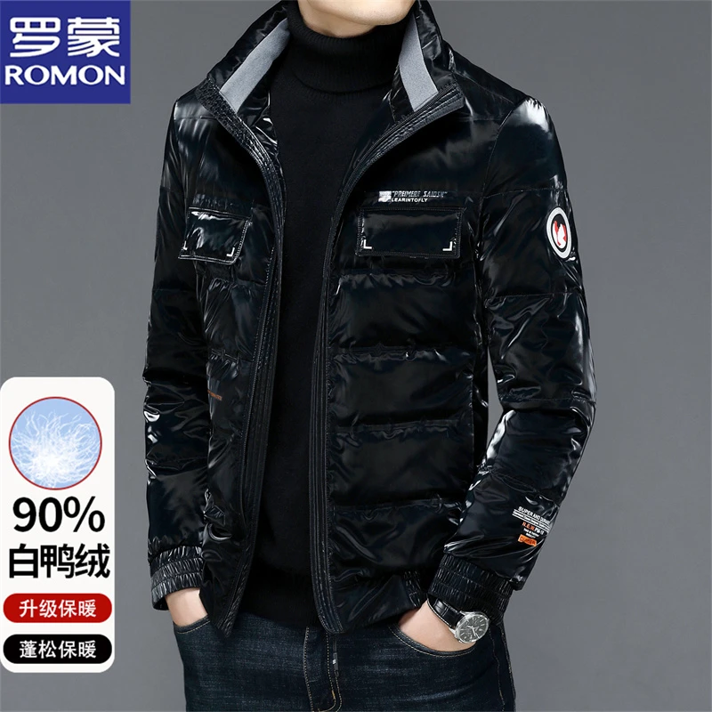 罗蒙男士羽绒服冬季立领亮面白鸭绒保暖抗寒外套休闲时尚百搭男装
