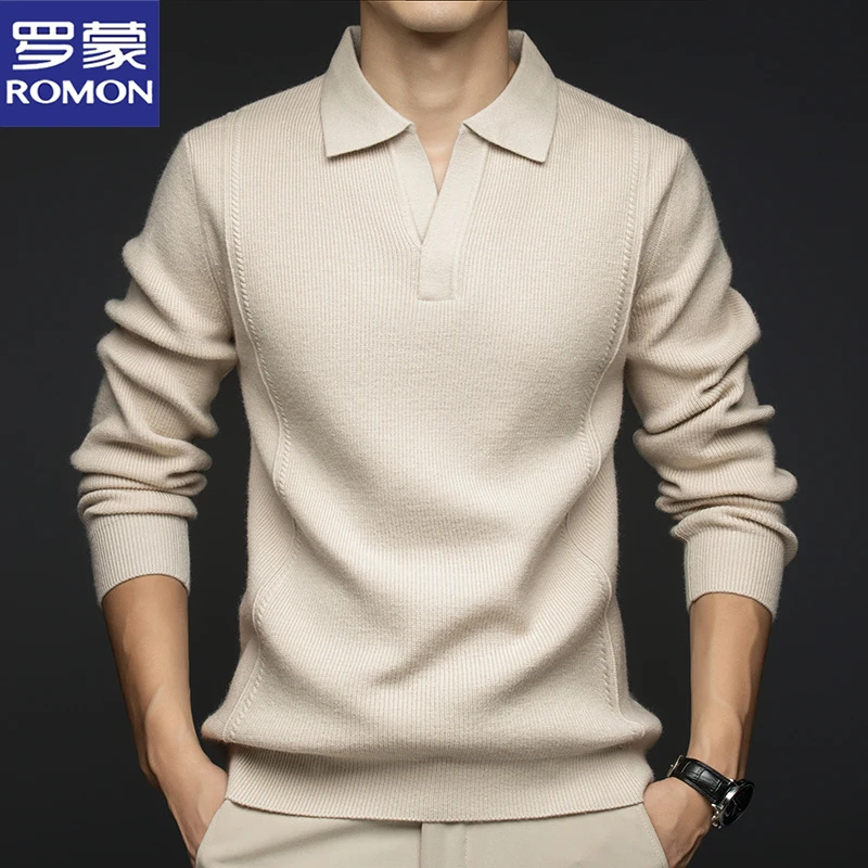 罗蒙秋冬新款翻领针织衫男士商务休闲宽松毛衣时尚百搭长袖打底衫
