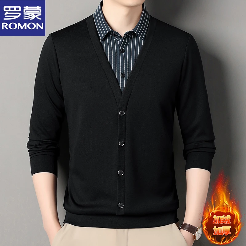 罗蒙假两件长袖T恤男士春秋冬季休闲百搭条纹衬衫领加绒打底上衣