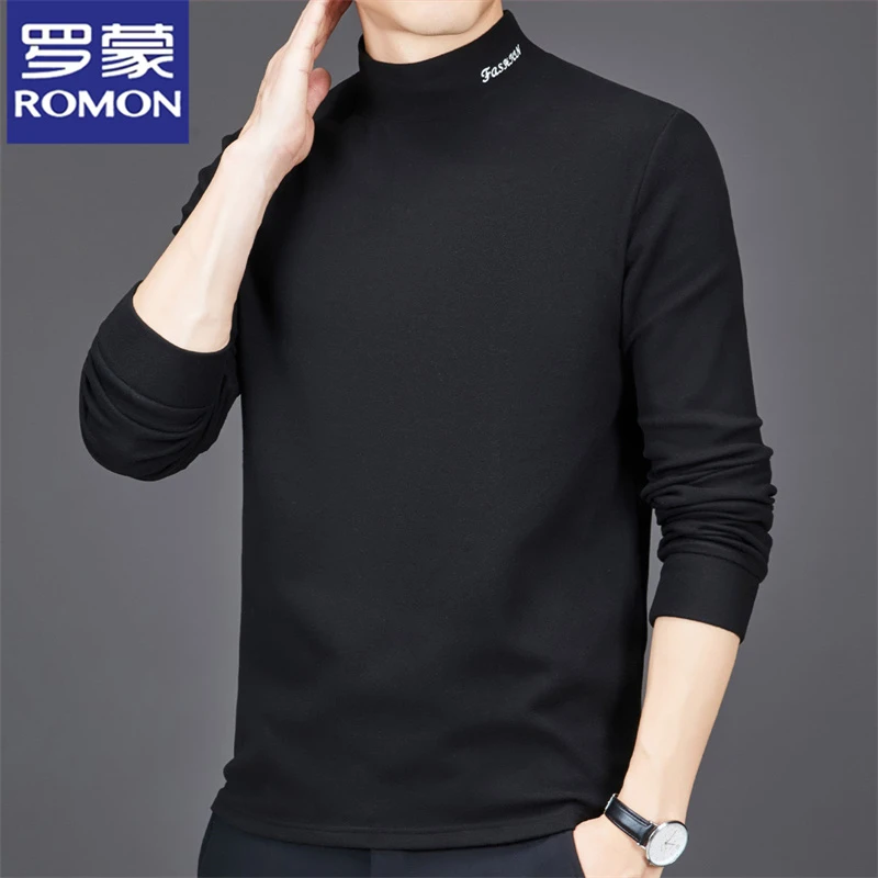 罗蒙双面德绒打底衫男士中领保暖磨毛长袖T恤秋冬半高领内穿上衣