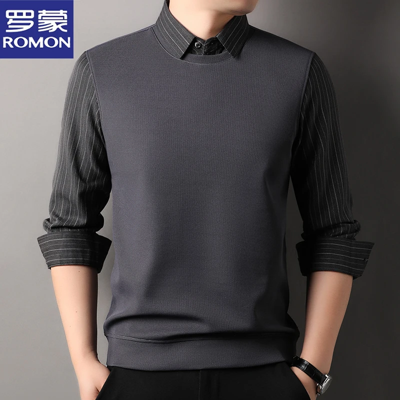【假两件】罗蒙男士衬衫领卫衣春秋季商务休闲无痕时尚条纹男装上衣