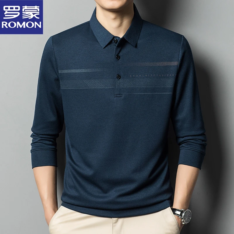 罗蒙春秋季男士长袖T恤印花条纹百搭商务免烫中年宽松翻领POLO衫