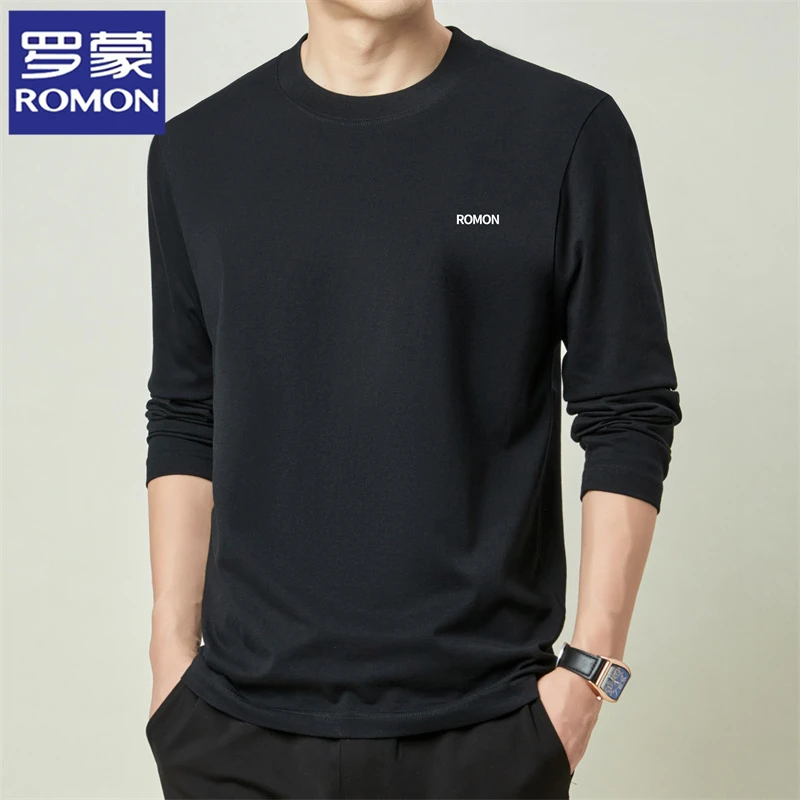 罗蒙长袖t恤男士卫衣春秋上衣新款纯棉体恤衫潮流纯色短袖男t恤