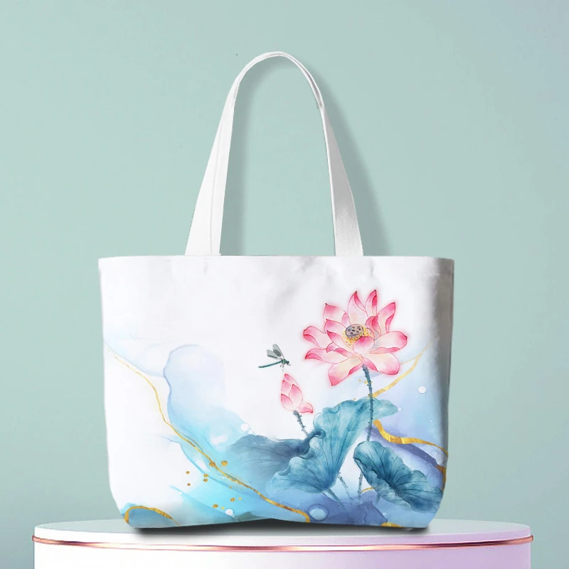民族风帆布袋大容量荷花古风单肩女文艺百搭布袋拉链购物袋背包
