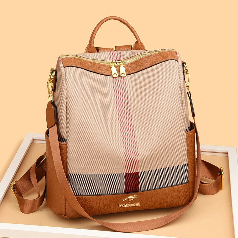 便携旅行双肩背包单肩手提大容量女士休闲百搭包包614棕色