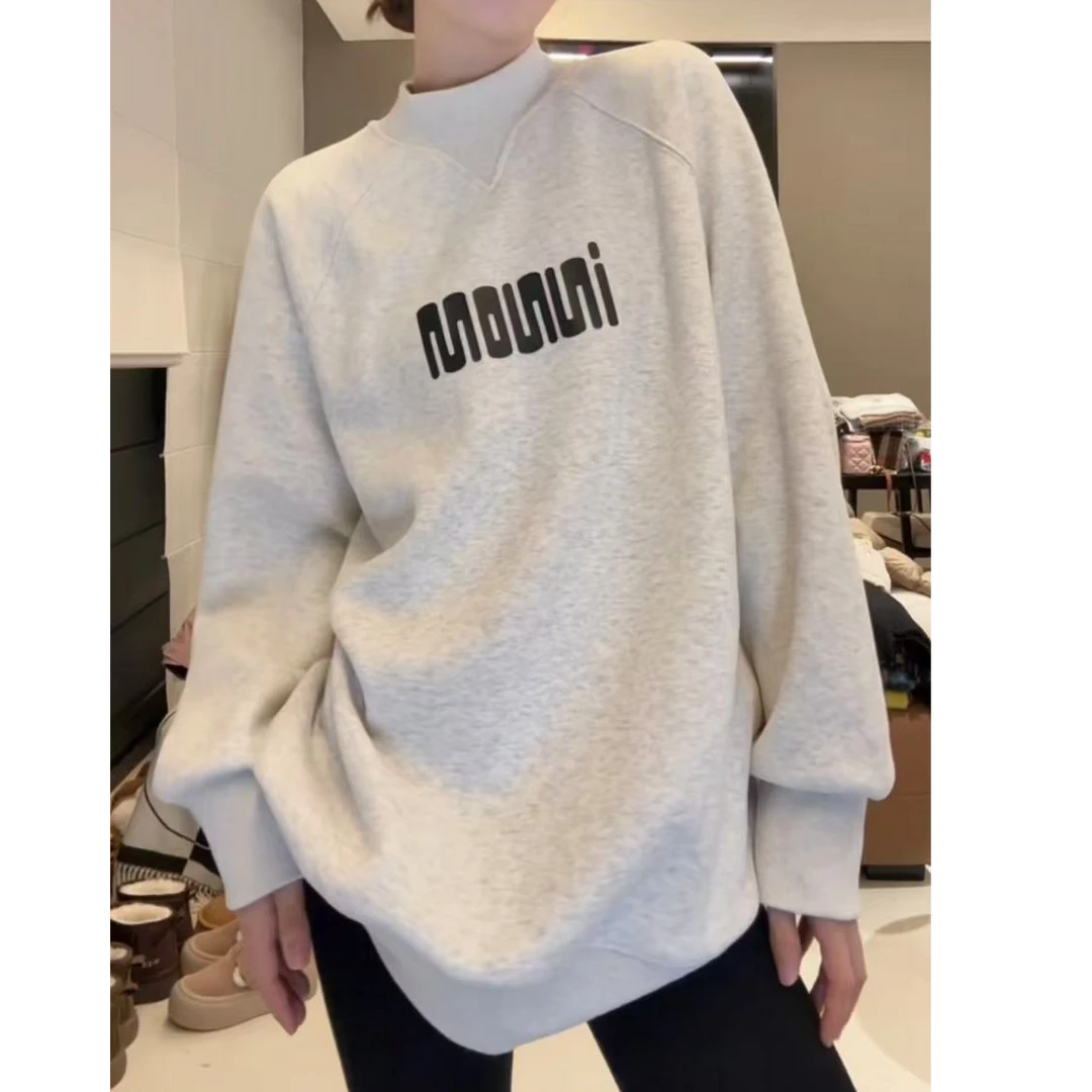 欧货字母时尚中长款加绒加厚圆领长袖卫衣女2025秋冬宽松百搭上衣