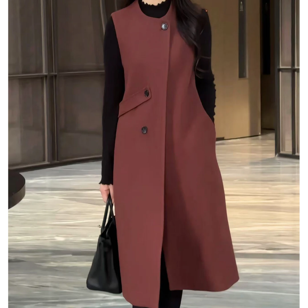 气质时尚纯色百搭呢子背心连衣裙2025秋冬新款洋气宽松圆领马甲裙