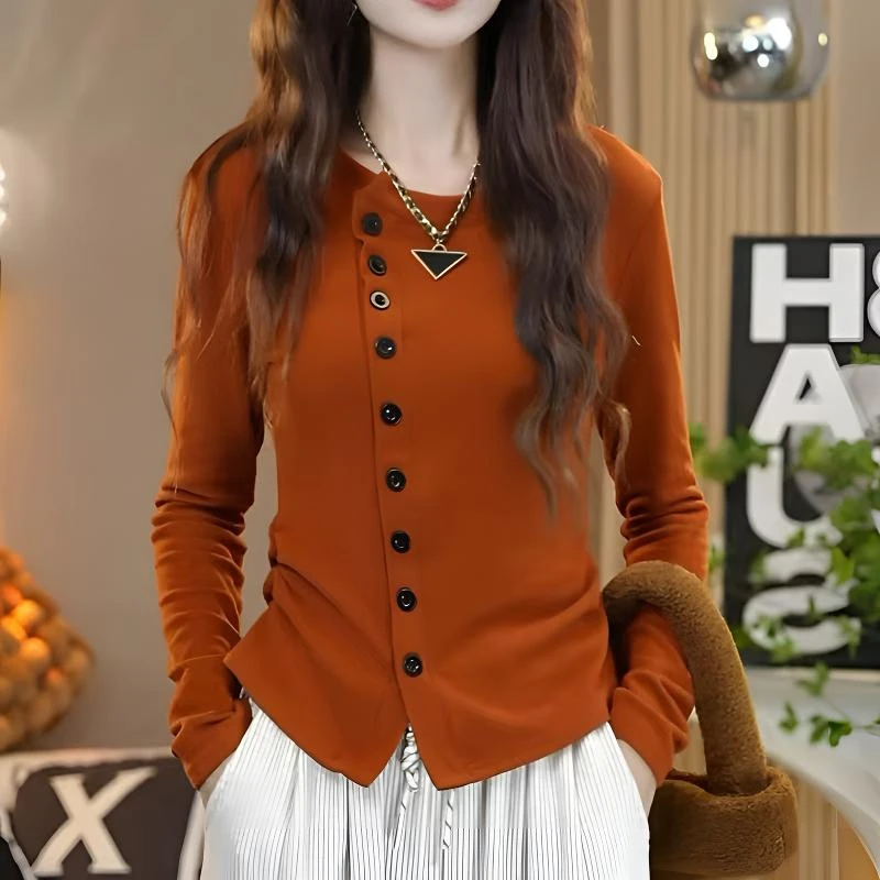 双面绒圆领调节扣收腰排扣打底衫女2024新款秋冬内搭修身显瘦上衣