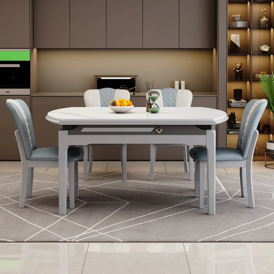 【228款四轨】家用高品质岩板餐桌可伸缩吃饭桌方圆两用实木折叠桌