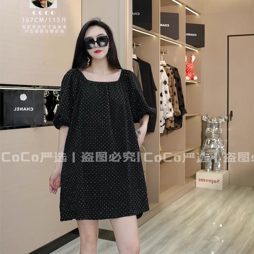 CoCo严选时尚百搭气质夏季宽松高压烫钻显瘦连衣裙2370