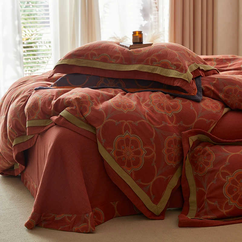 金色琉璃-高端复古双飞边全棉双层纱四件套色织提花轻奢软糯A类