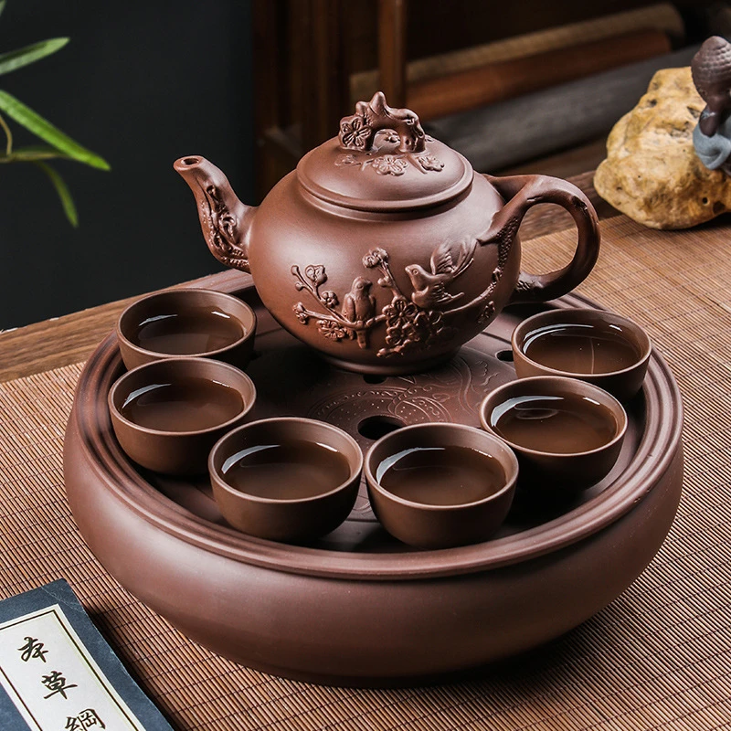 大容量梅开五福紫砂壶朱泥大中号球孔过滤茶壶陶瓷功夫茶具杯套装