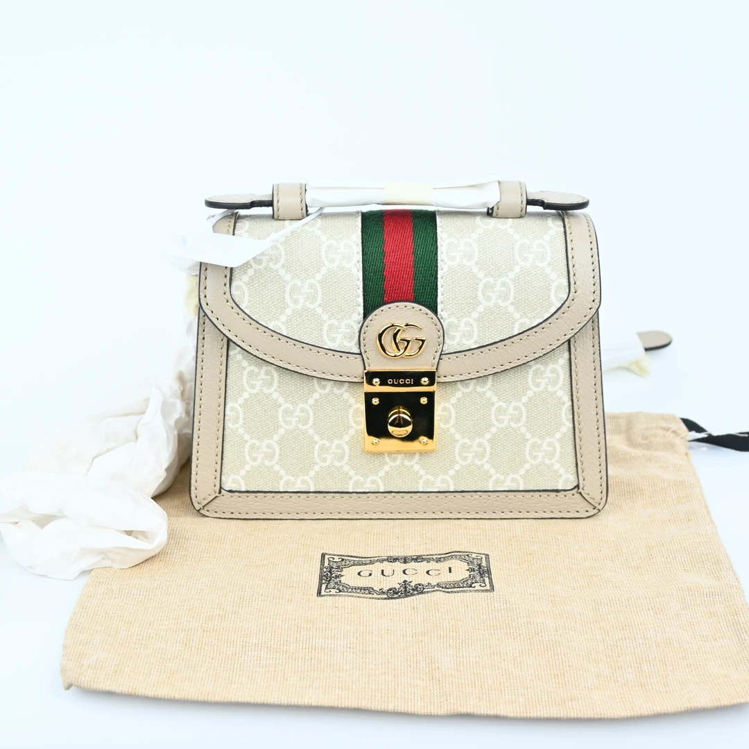 全新未使用 GUCCI/古驰 Ophidia链条 帆布拼皮革 单肩斜挎手提包