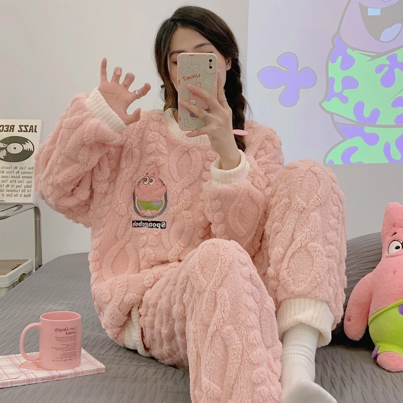 秋冬款睡衣女珊瑚绒睡衣加绒加厚法兰绒少女家居服女士圆领389