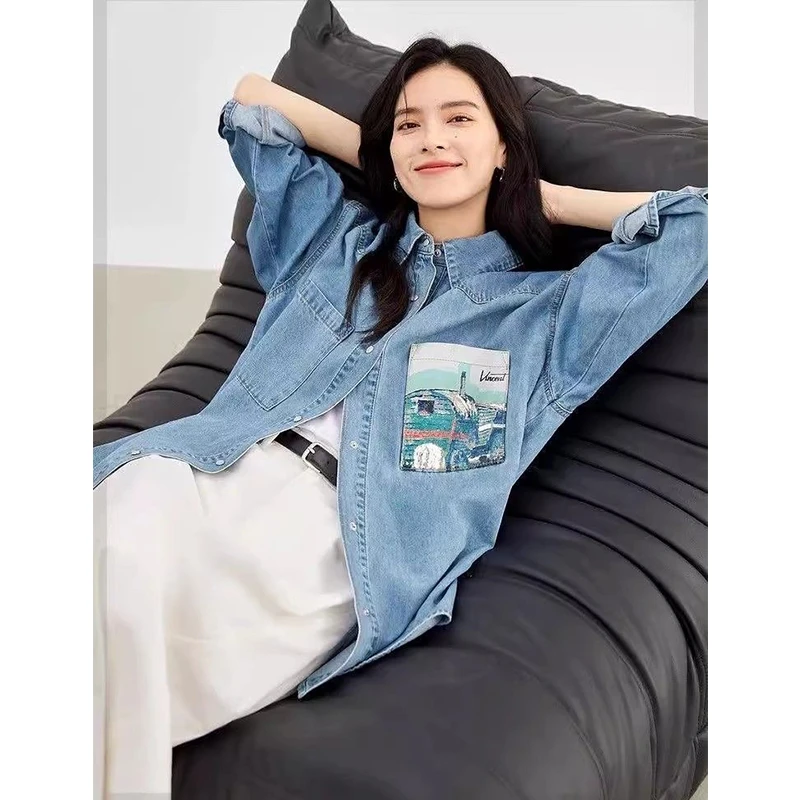 早秋时尚牛仔衬衫外套女宽松中长款休闲慵懒风浅蓝色长袖上衣开衫