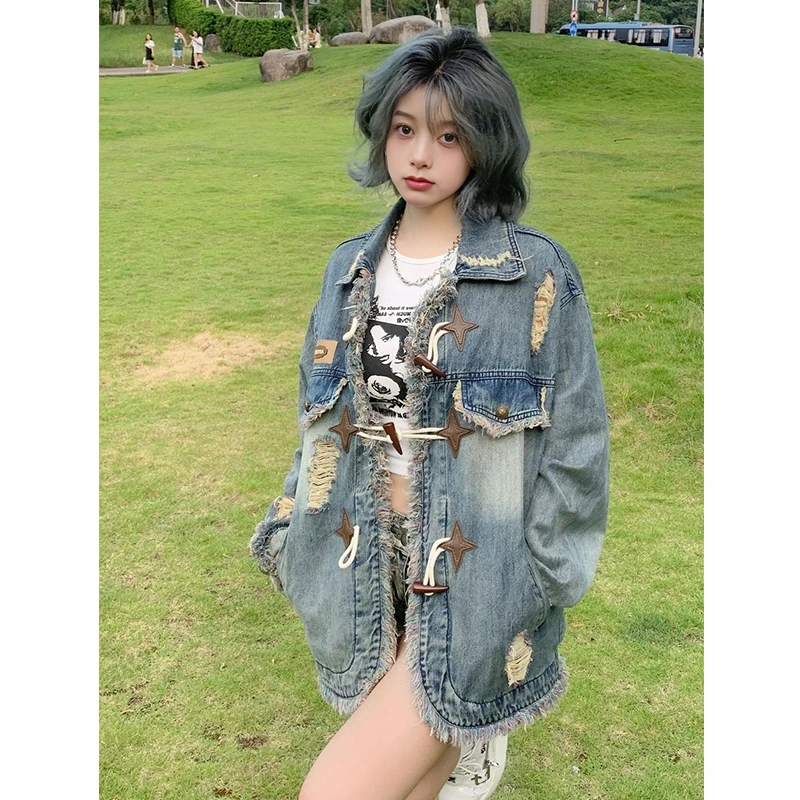 美式复古牛仔外套女秋季新款设计感小众破洞牛仔夹克开衫上衣百搭